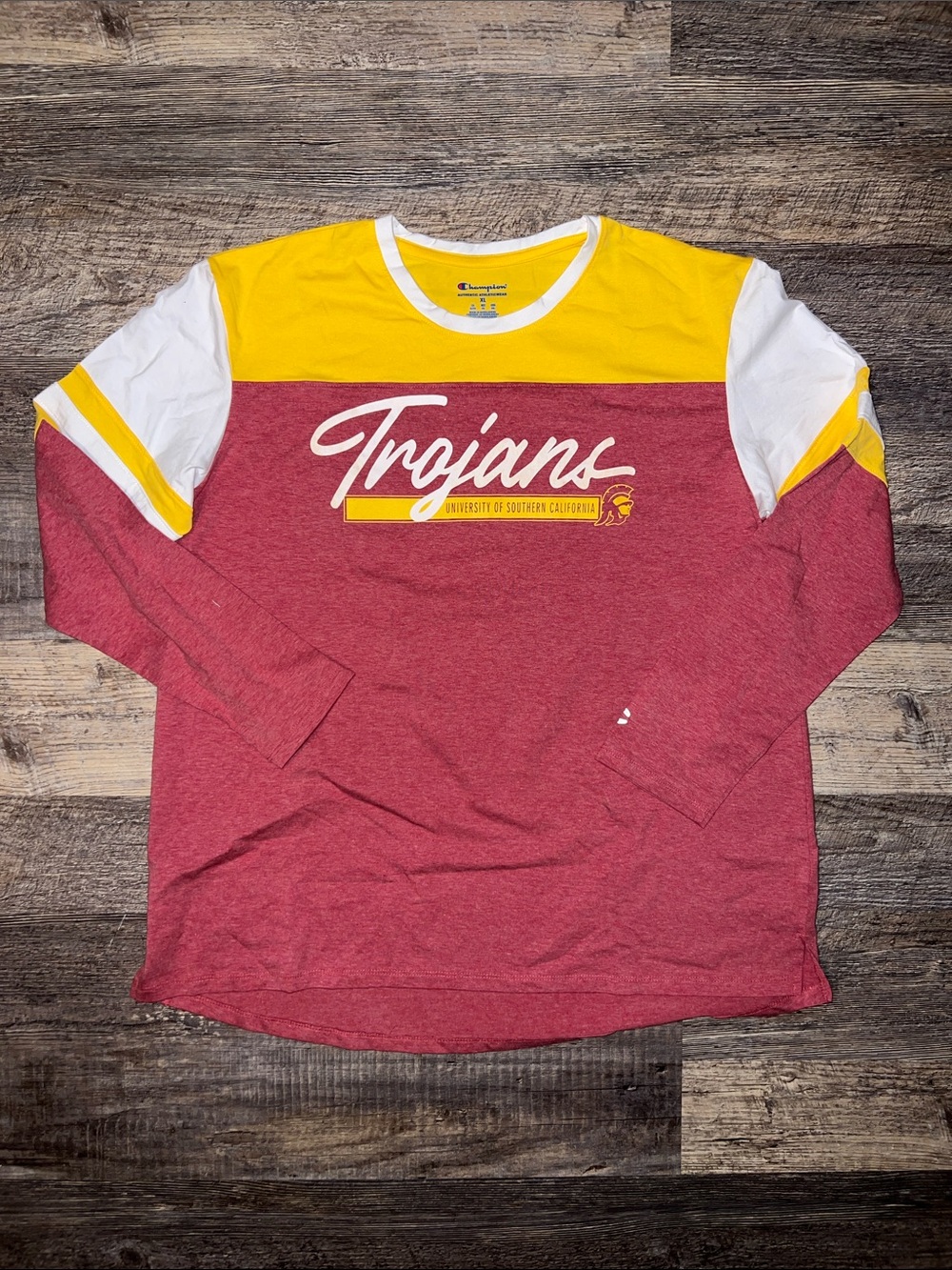 Champion Trojans Long Sleeve Colorblock Shirt - Cardinal/Gold/White